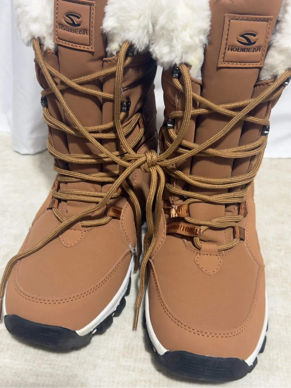 Hobibear Waterproof Winter Snow Boots Faux Fur Trim Lace Up Tan Brown